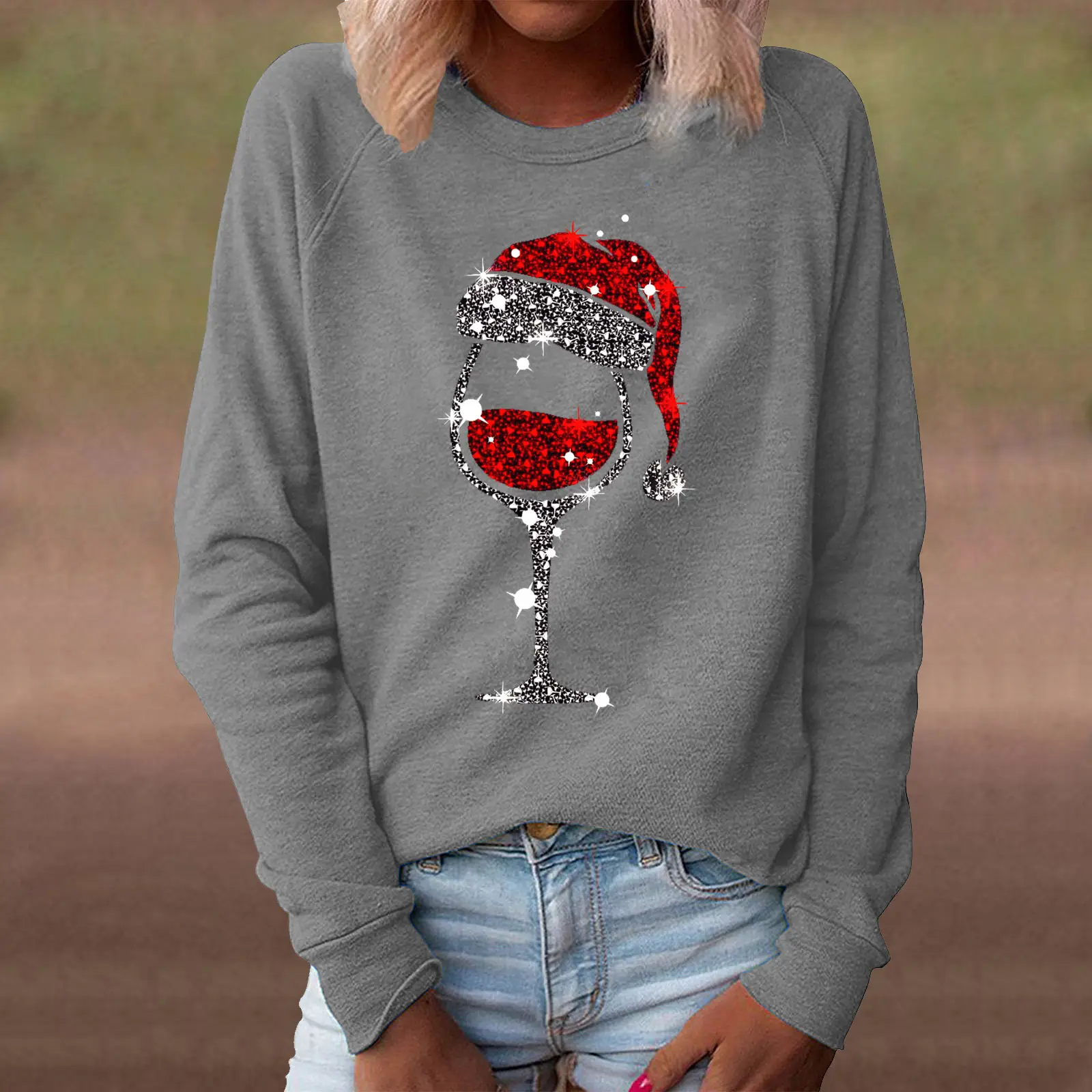 Women's Green Christmas Hat Sweatshirt with Wine Glass Print - Image 9