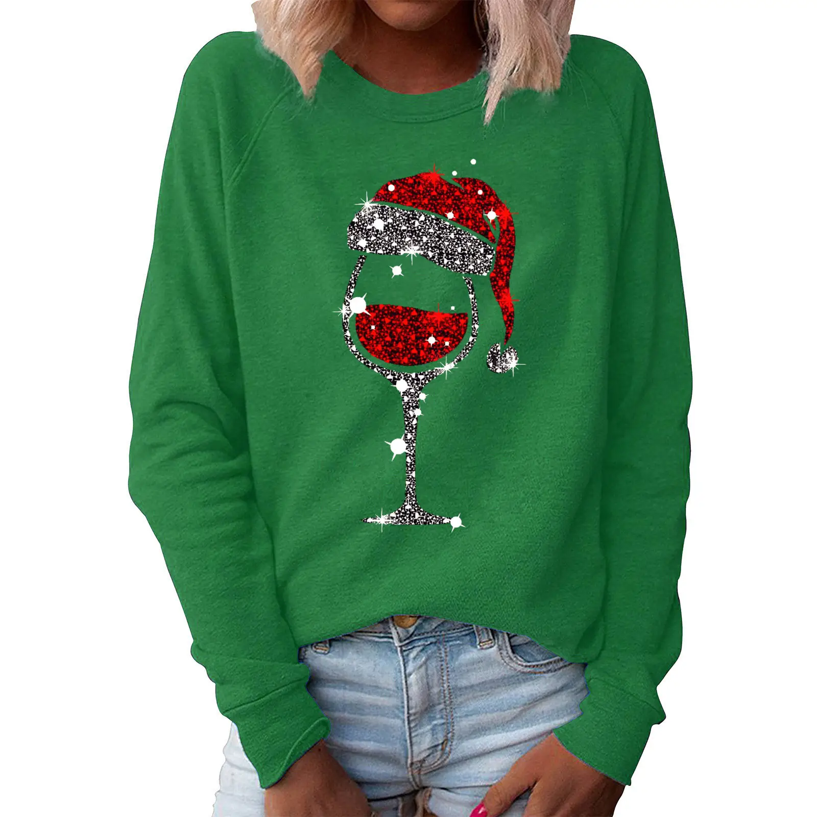 Women's Green Christmas Hat Sweatshirt with Wine Glass Print - Image 11