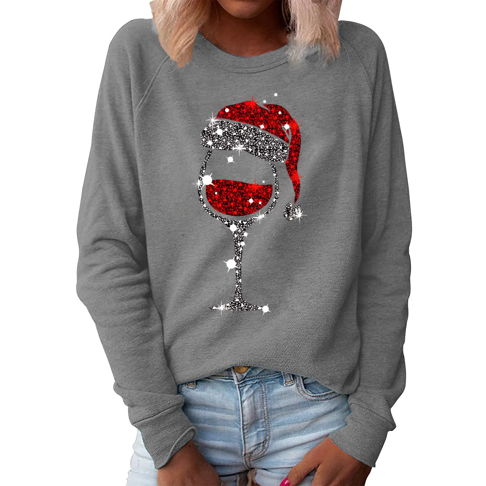 Women's Green Christmas Hat Sweatshirt with Wine Glass Print - Image 2