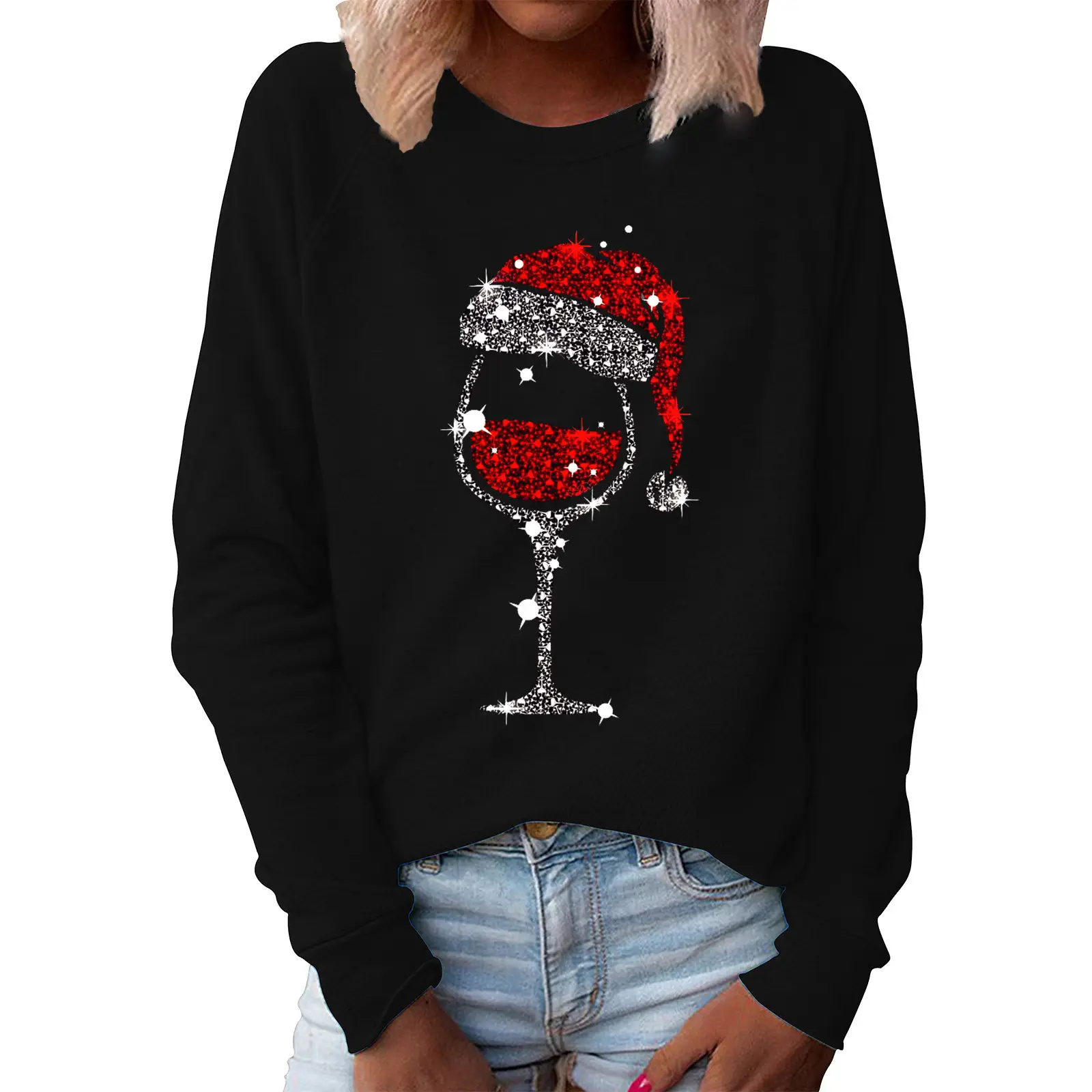 Women's Green Christmas Hat Sweatshirt with Wine Glass Print - Image 4