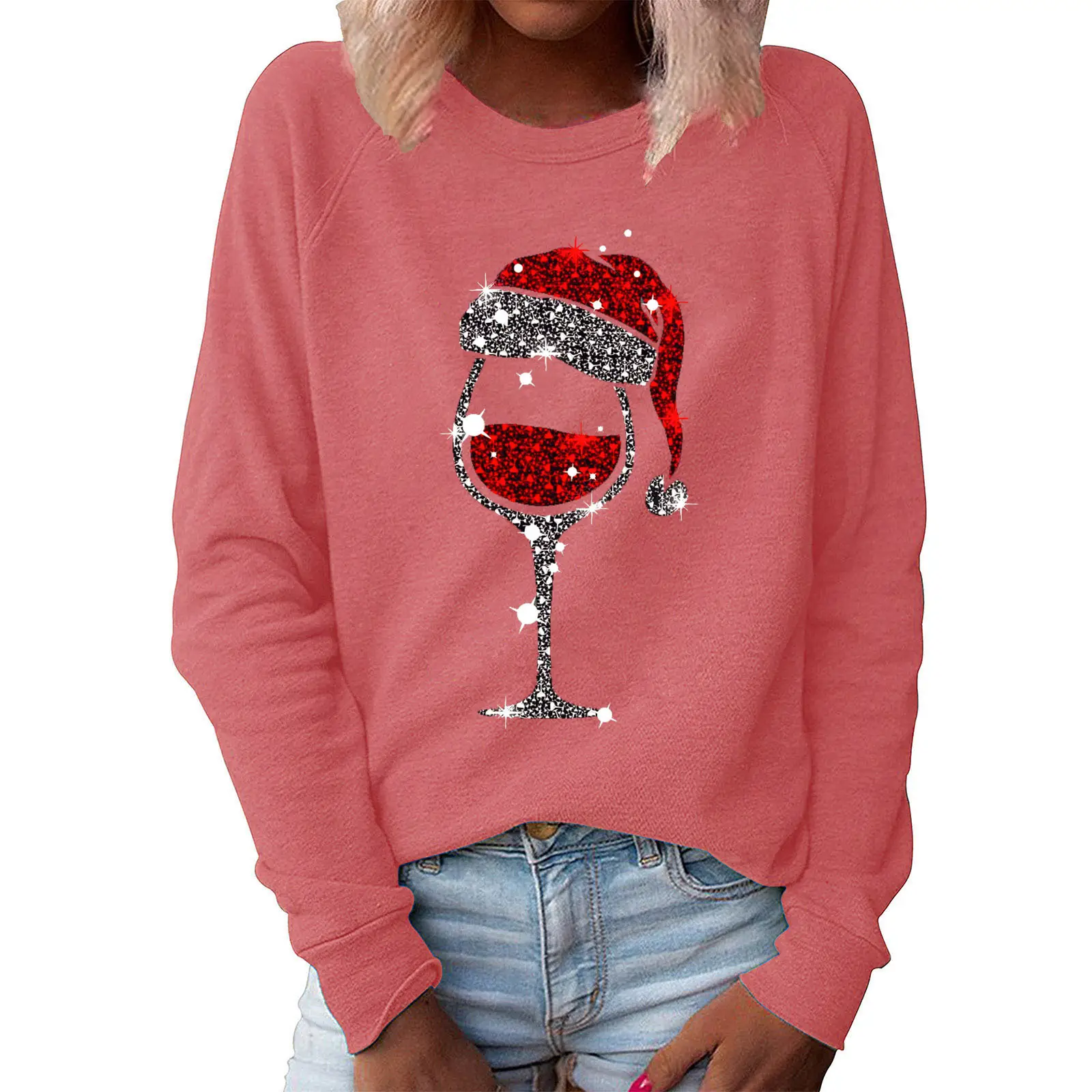 Women's Green Christmas Hat Sweatshirt with Wine Glass Print - Image 5
