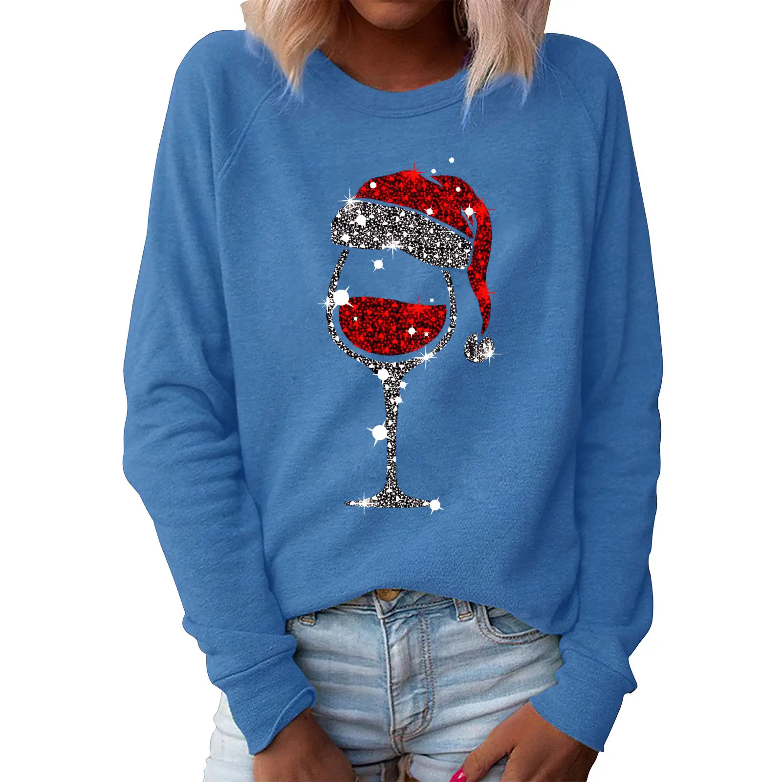 Women's Green Christmas Hat Sweatshirt with Wine Glass Print - Image 6