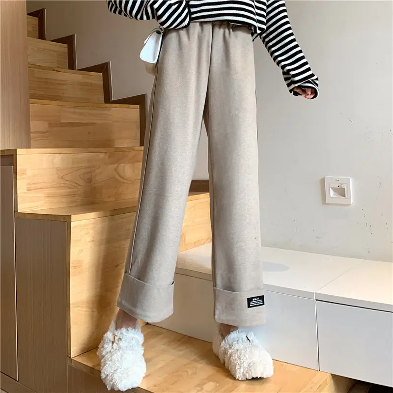 Women Woolen Wide-leg Pants Black Cropped Autumn Winter