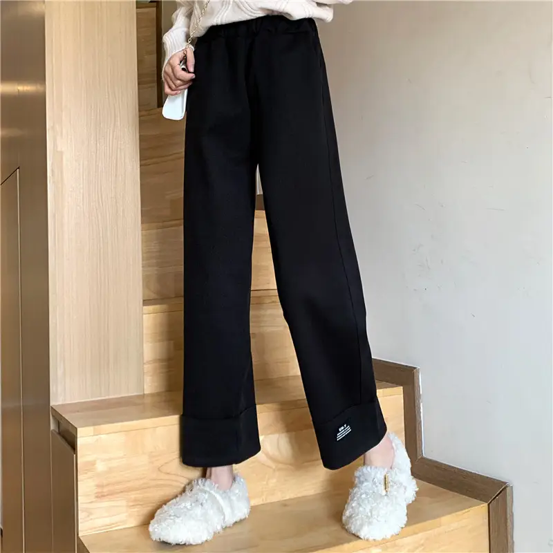 Women Woolen Wide-leg Pants Black Cropped Autumn Winter
