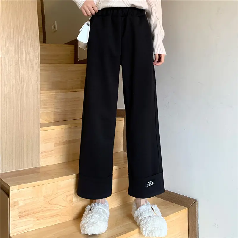 Women Woolen Wide-leg Pants Black Cropped Autumn Winter