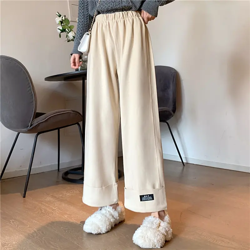 Women Woolen Wide-leg Pants Black Cropped Autumn Winter