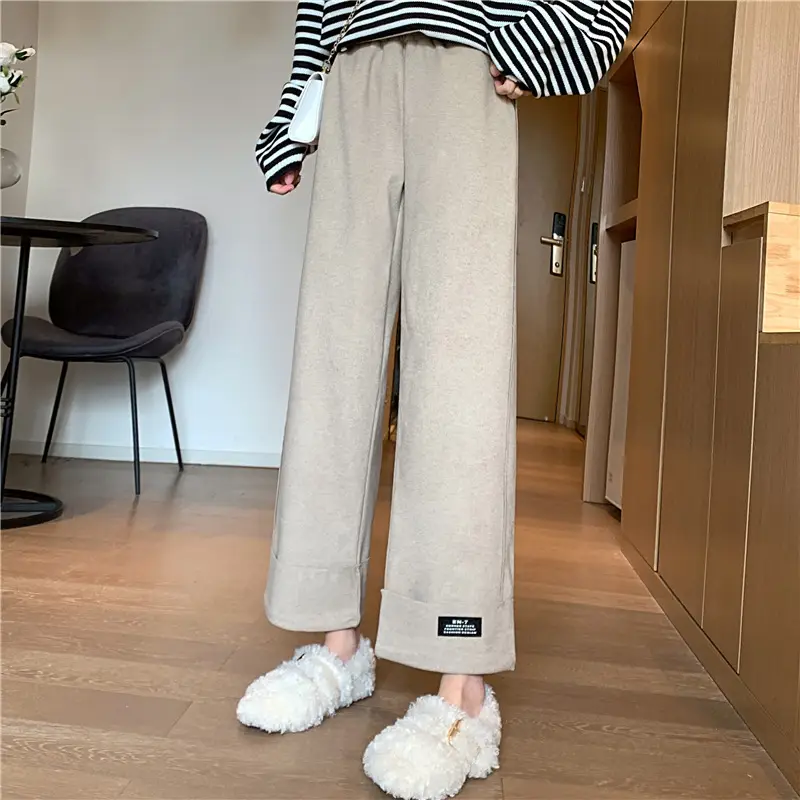 Women Woolen Wide-leg Pants Black Cropped Autumn Winter