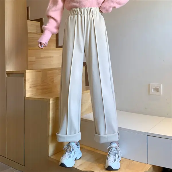 Women Woolen Wide-leg Pants Black Cropped Autumn Winter