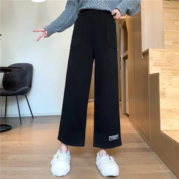 Women Woolen Wide-leg Pants Black Cropped Autumn Winter