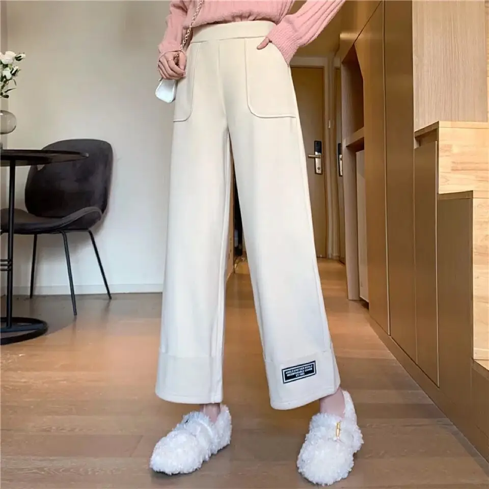 Women Woolen Wide-leg Pants Black Cropped Autumn Winter