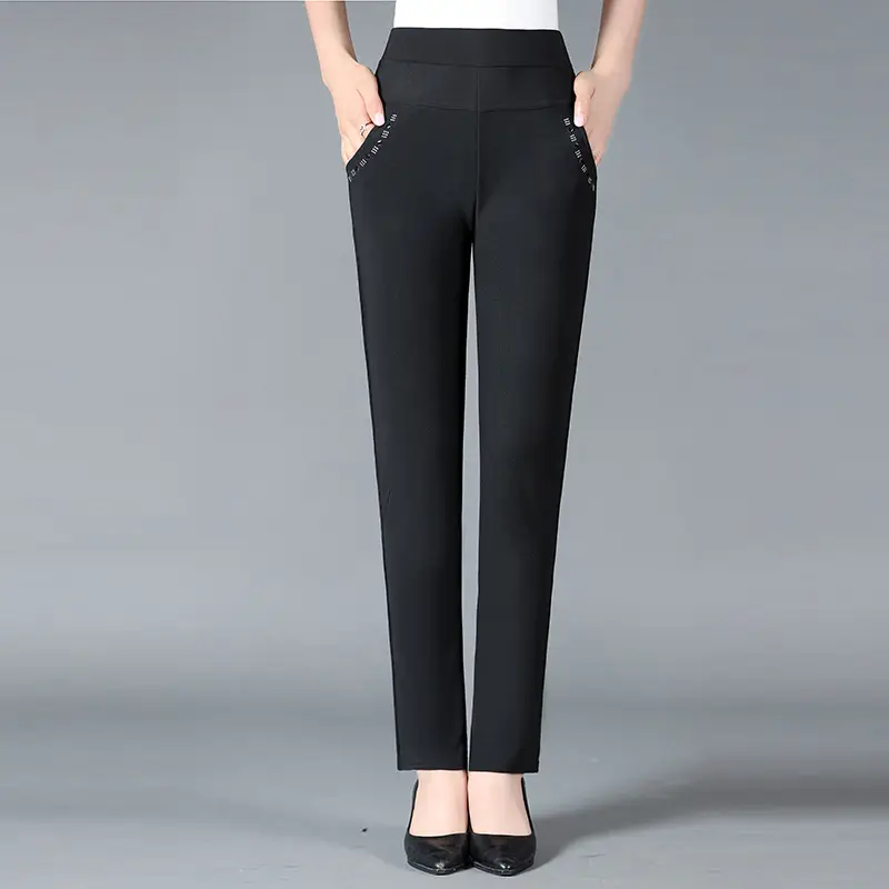 Middle-Aged Women High Waist Elastic Trousers Black - Image 2