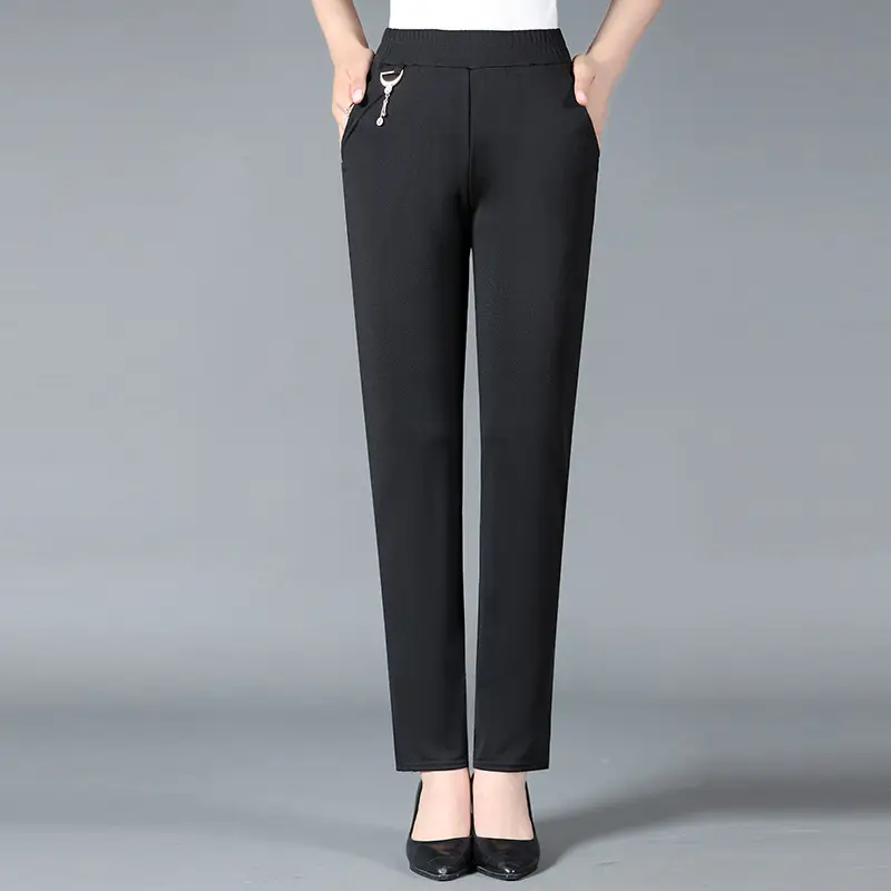 Middle-Aged Women High Waist Elastic Trousers Black - Image 3