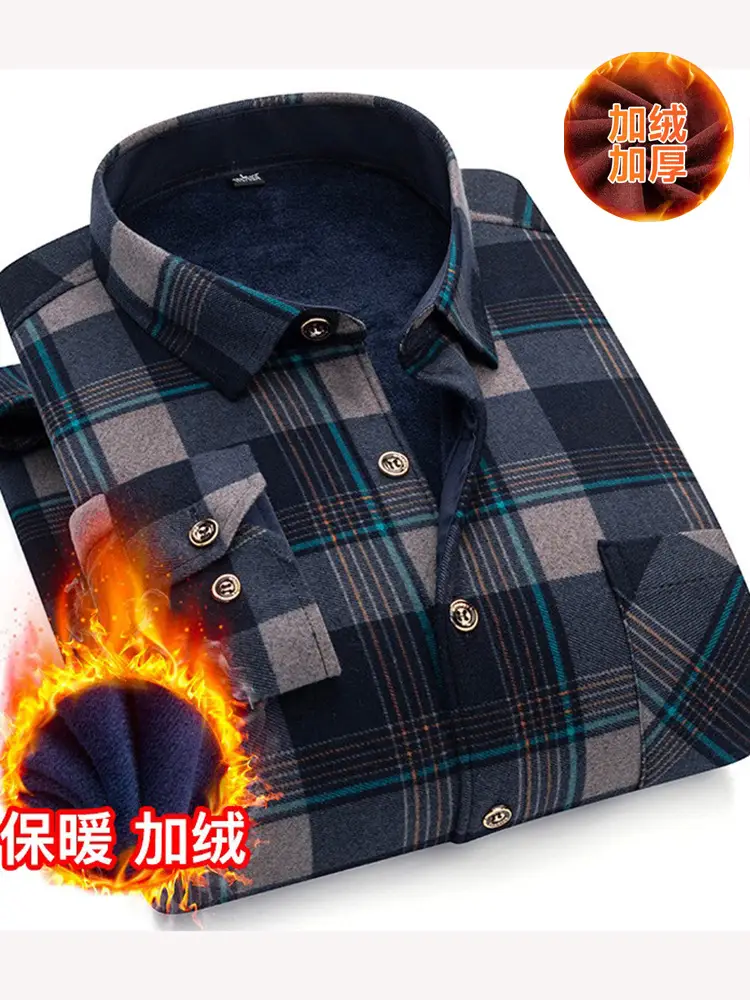 Men's Plaid Fleece Shirt Navy Blue Large - Image 44
