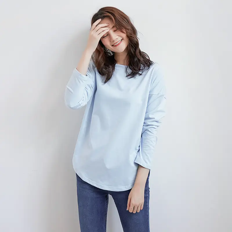 Women's Light Blue Long Sleeve Plain T-Shirt