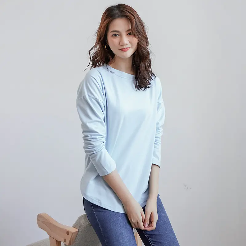 Women's Light Blue Long Sleeve Plain T-Shirt