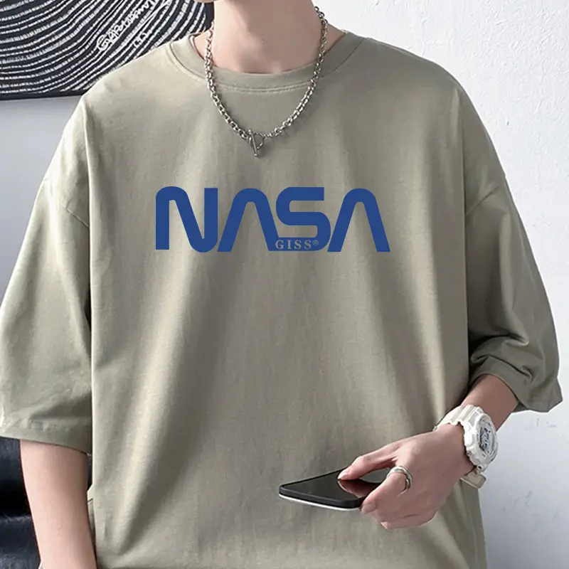 Men's NASA Printed Cotton T-Shirt Grey Off-Shoulder Short Sleeve - Image 13