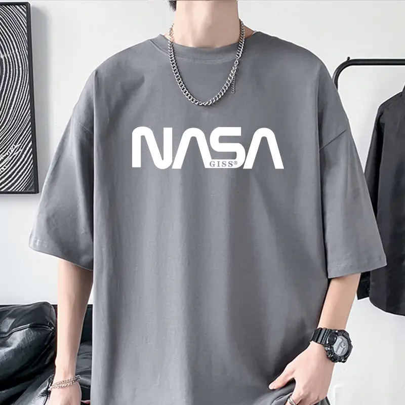 Men's NASA Printed Cotton T-Shirt Grey Off-Shoulder Short Sleeve - Image 3