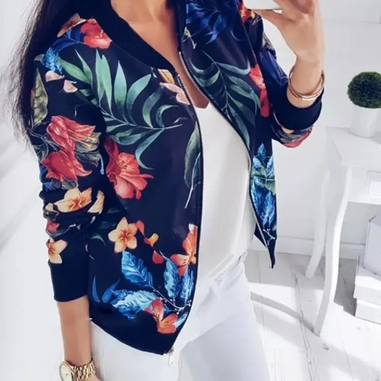 Women's Floral Print Autumn Jacket White Short Sleeve - Image 5
