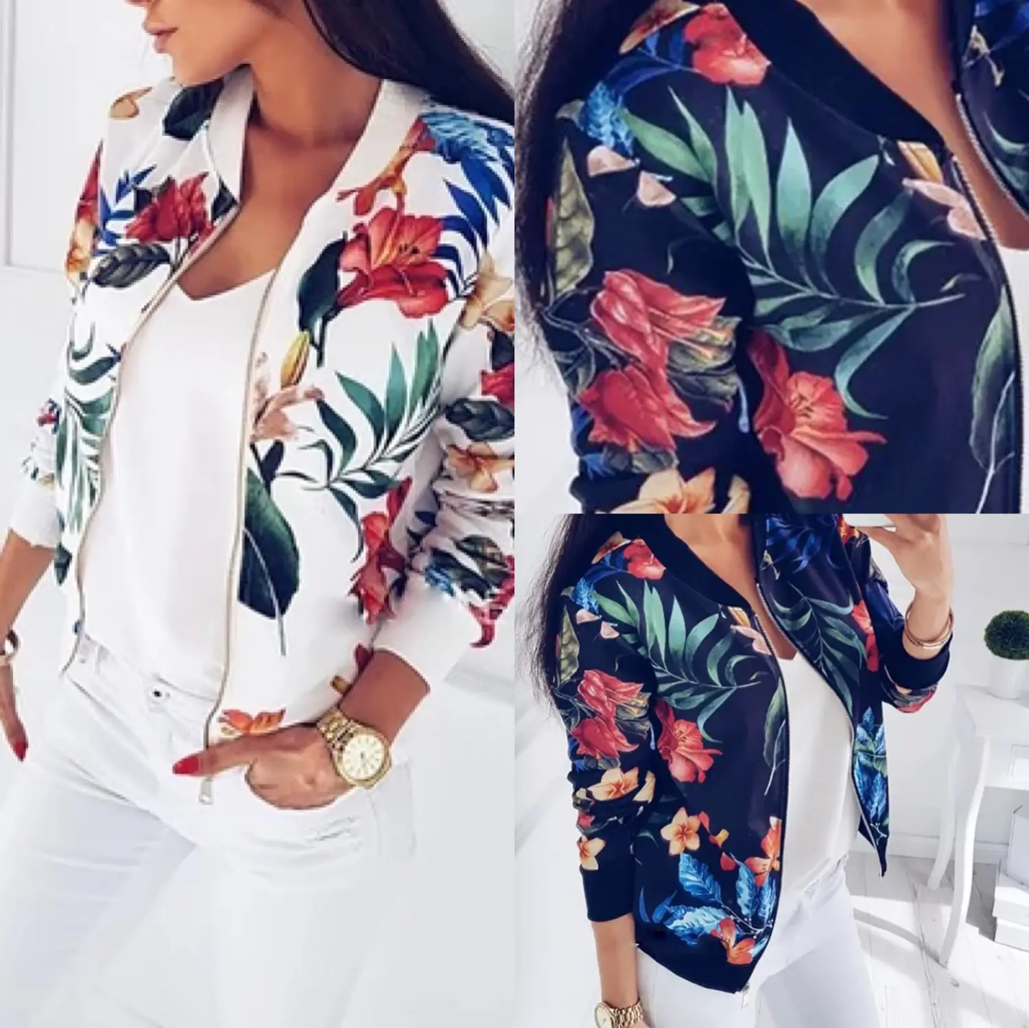 Women's Floral Print Autumn Jacket White Short Sleeve — feature 3