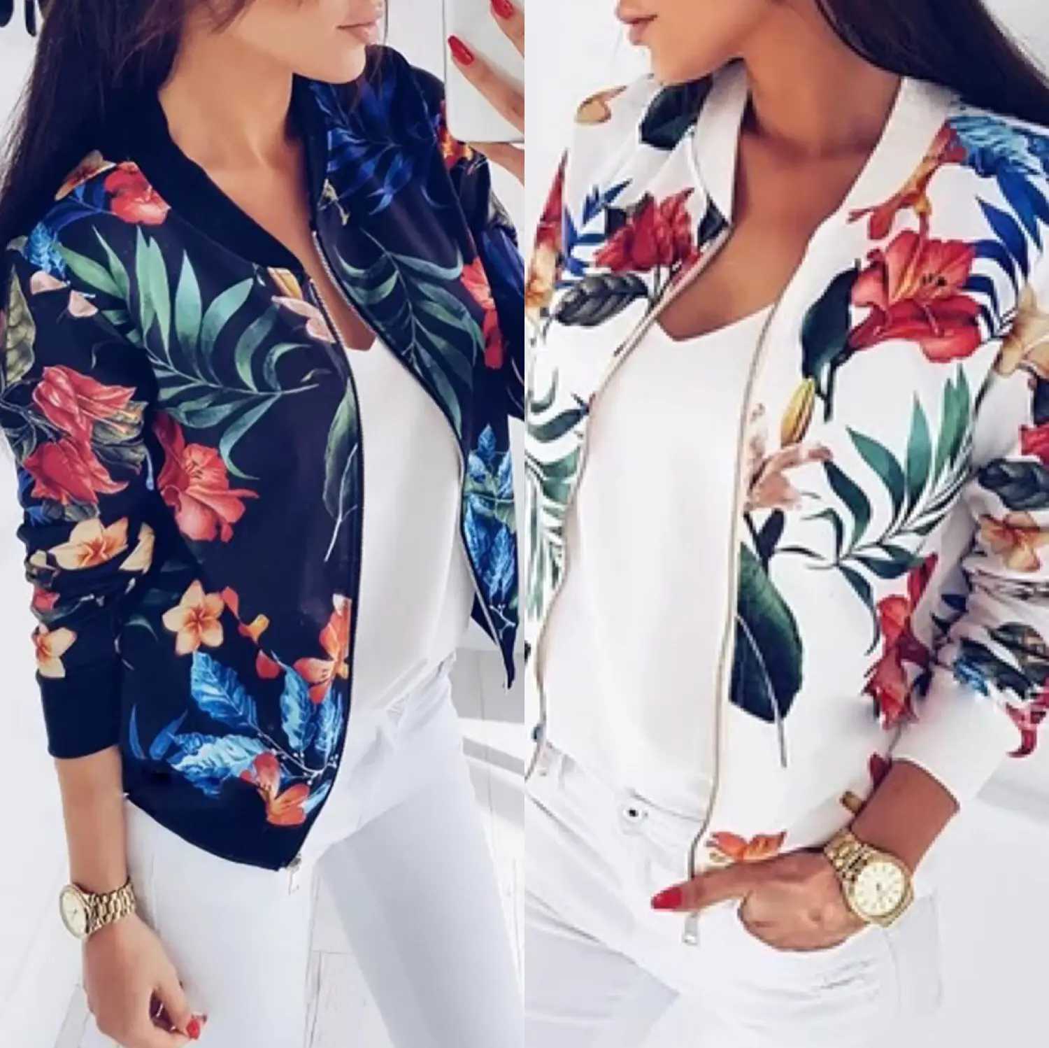 Women's Floral Print Autumn Jacket White Short Sleeve — feature 4