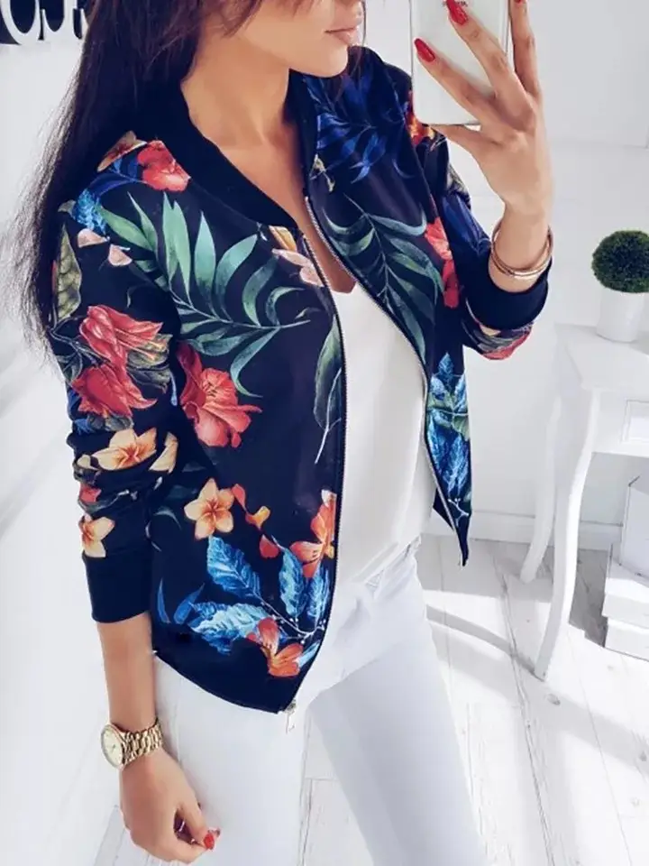 Women's Floral Print Autumn Jacket White Short Sleeve — feature 5