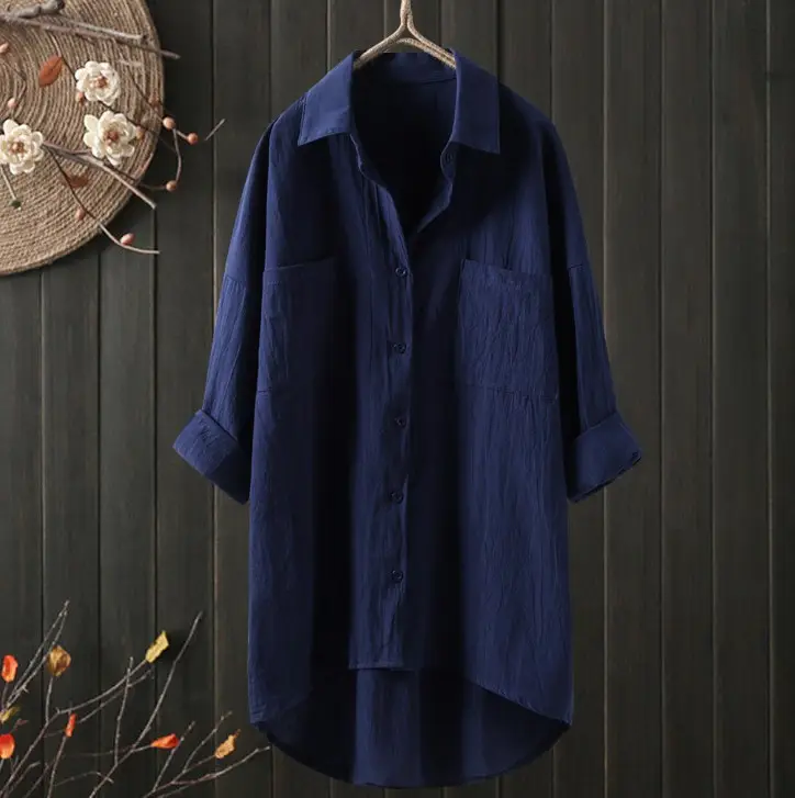 Women's Black Cotton Linen Long Sleeve Shirt