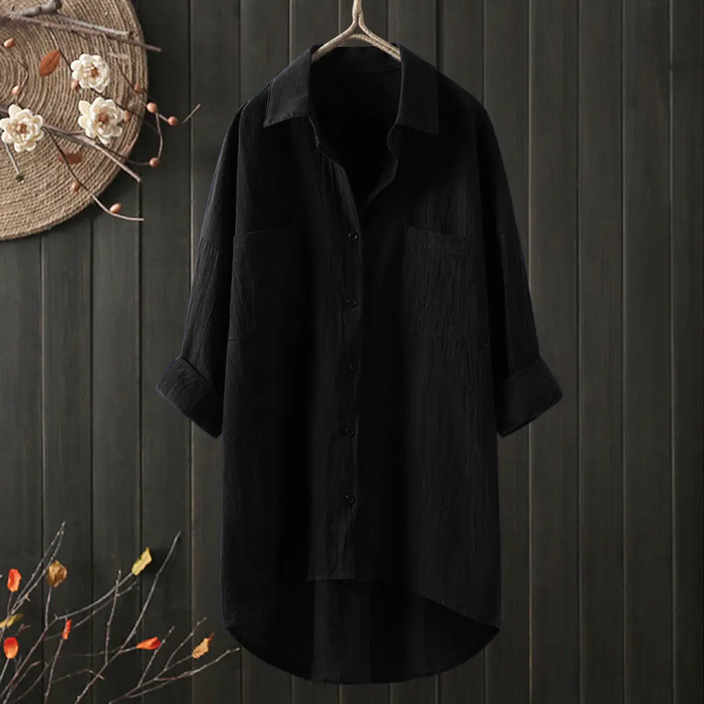 Women's Black Cotton Linen Long Sleeve Shirt