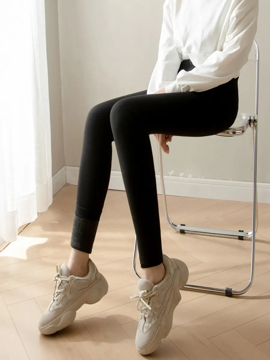 Women Winter Warm Fleece Leggings Black Pink Zipper