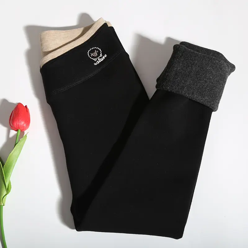 Women Winter Warm Fleece Leggings Black Pink Zipper