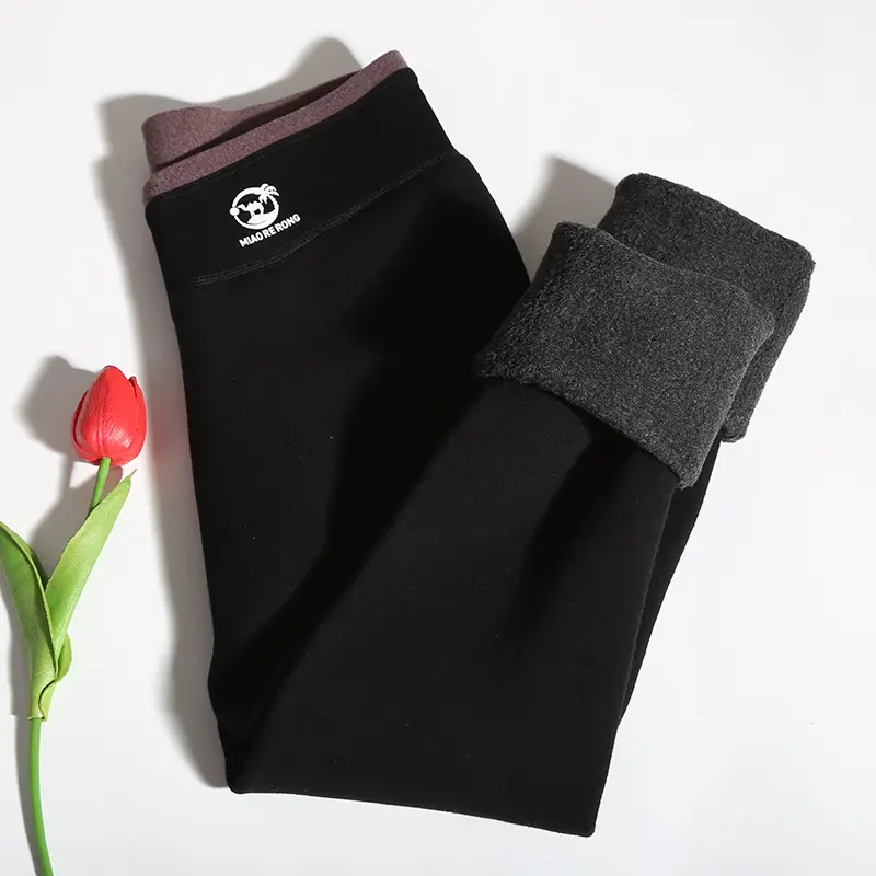 Women Winter Warm Fleece Leggings Black Pink Zipper