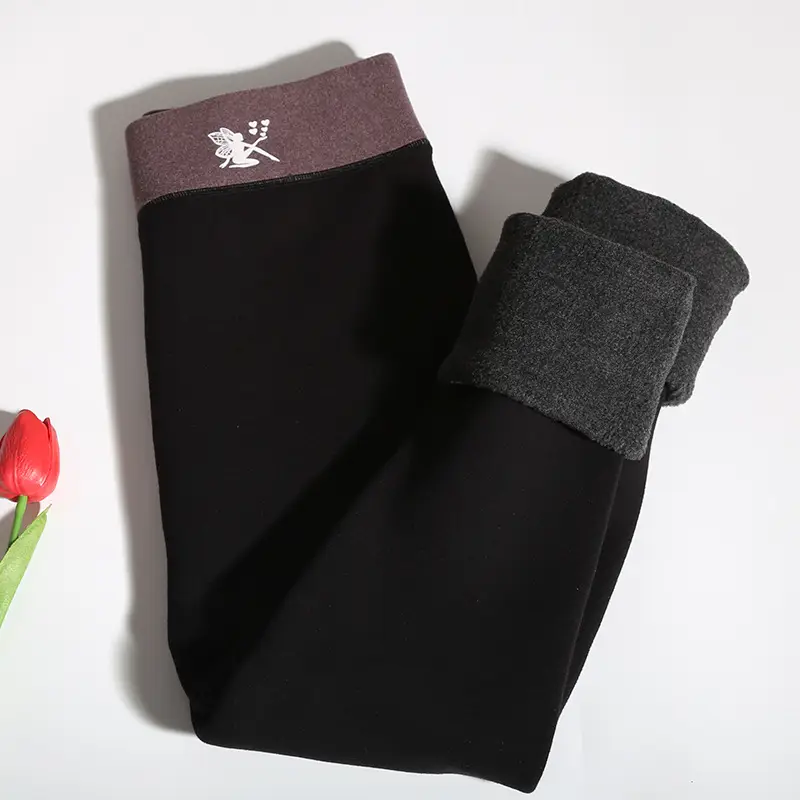 Women Winter Warm Fleece Leggings Black Pink Zipper