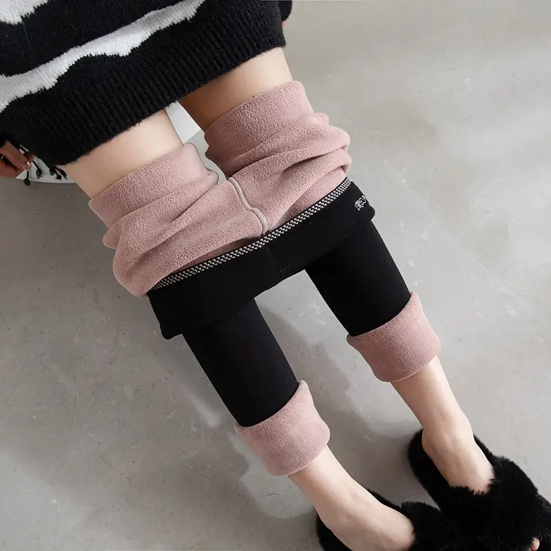 Women Winter Warm Fleece Leggings Black Pink Zipper