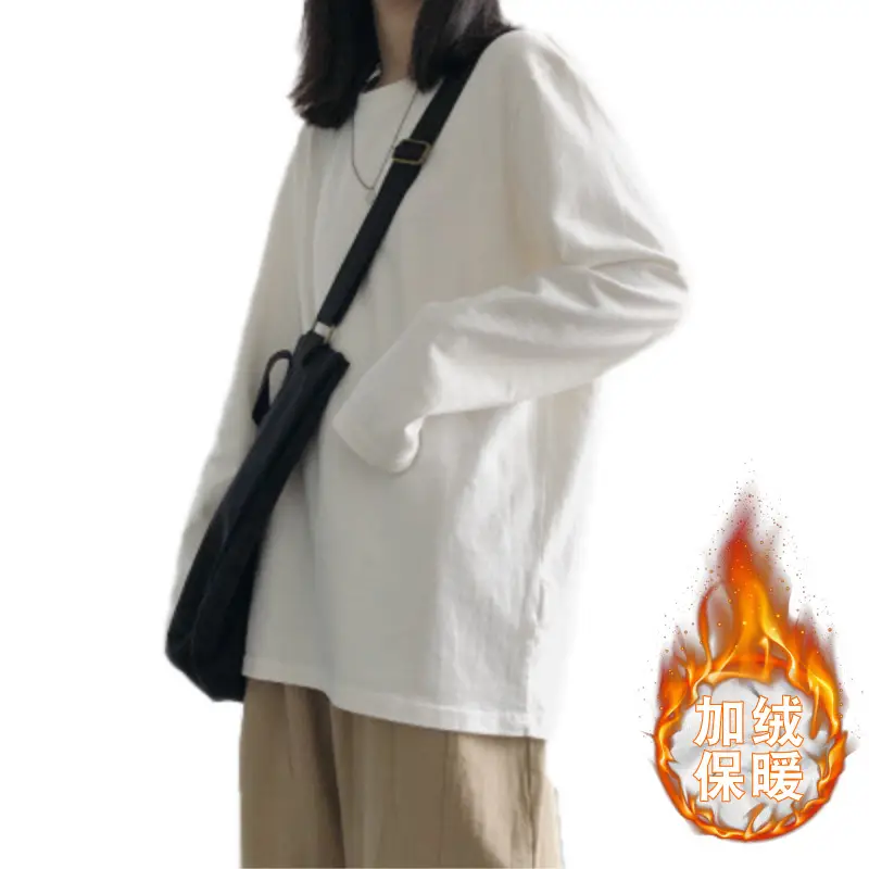 Fleece Lined White Long Sleeve T-Shirt for Women - Image 7