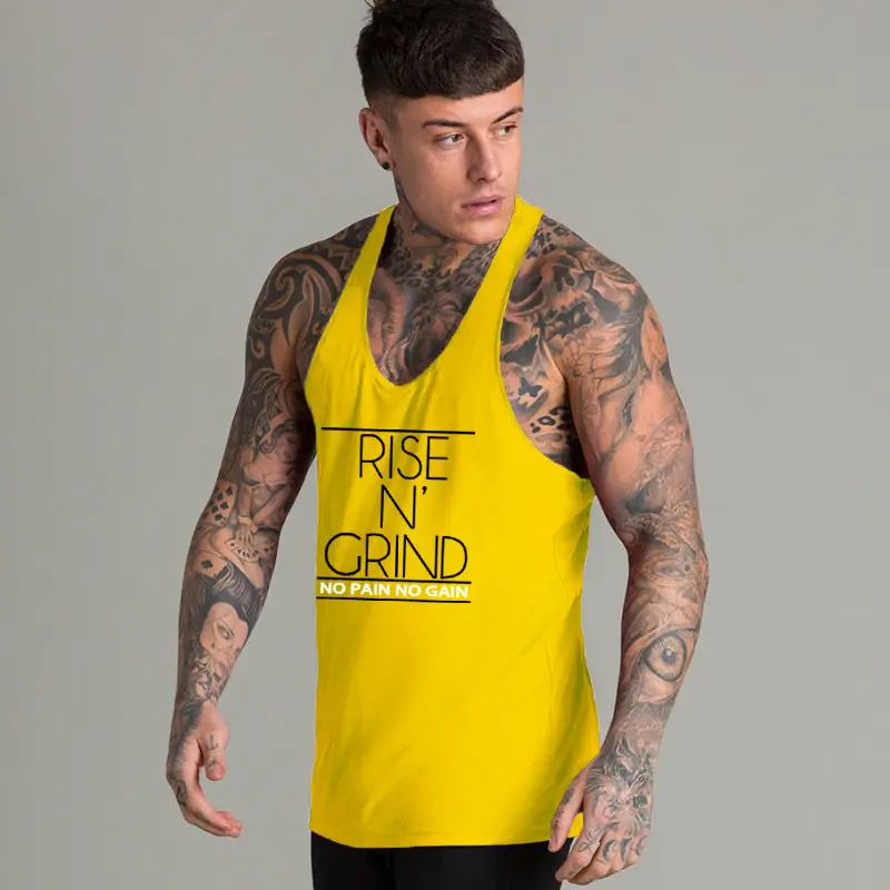 Men Printed Muscle Vest Yellow Slim Fit Crewneck - Image 2