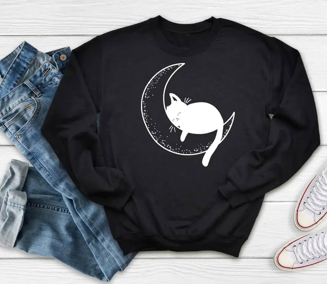 Cat Mom Moon Printed Crewneck Sweatshirt Maroon - Image 2
