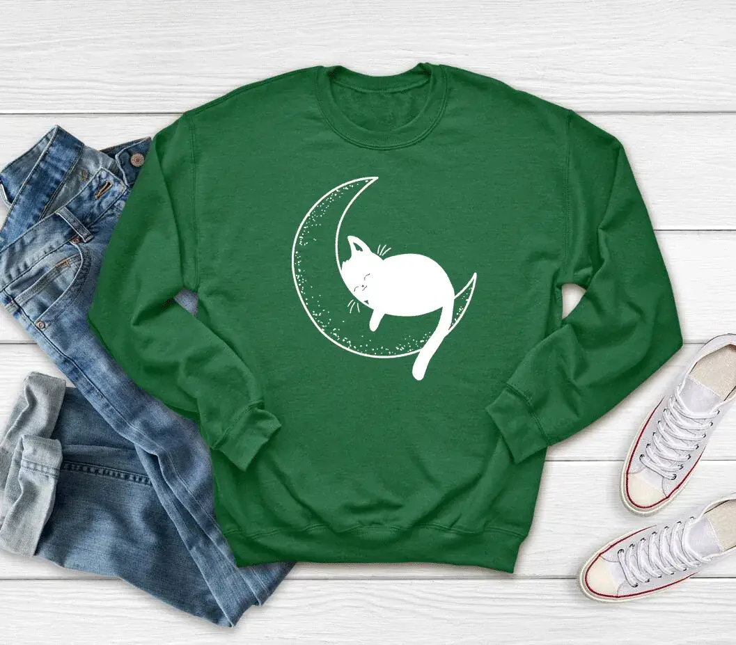 Cat Mom Moon Printed Crewneck Sweatshirt Maroon - Image 5