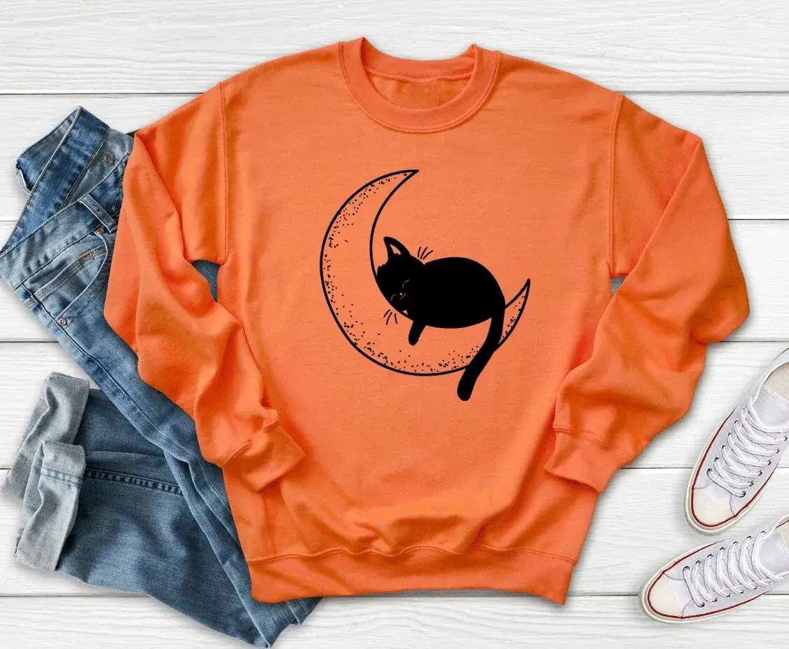 Cat Mom Moon Printed Crewneck Sweatshirt Maroon - Image 6