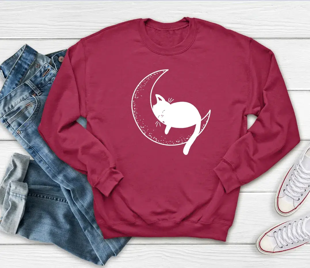 Cat Mom Moon Printed Crewneck Sweatshirt Maroon - Image 7