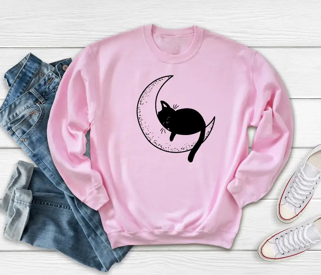 Cat Mom Moon Printed Crewneck Sweatshirt Maroon - Image 8