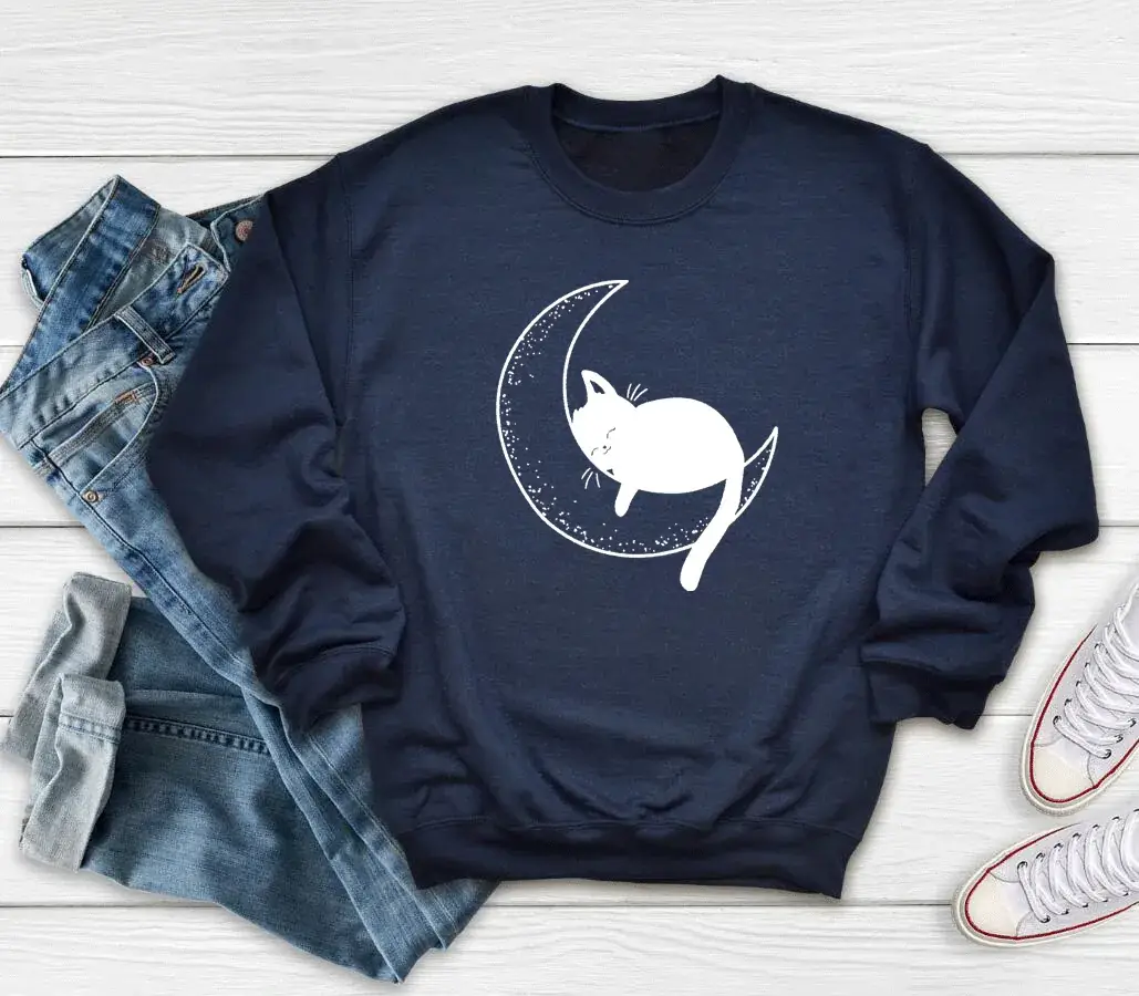 Cat Mom Moon Printed Crewneck Sweatshirt Maroon - Image 9