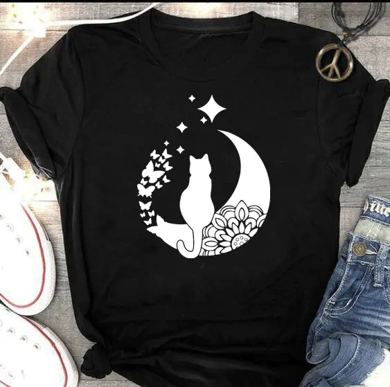 Yellow Cat Moon T-Shirt with Star Design - Image 2