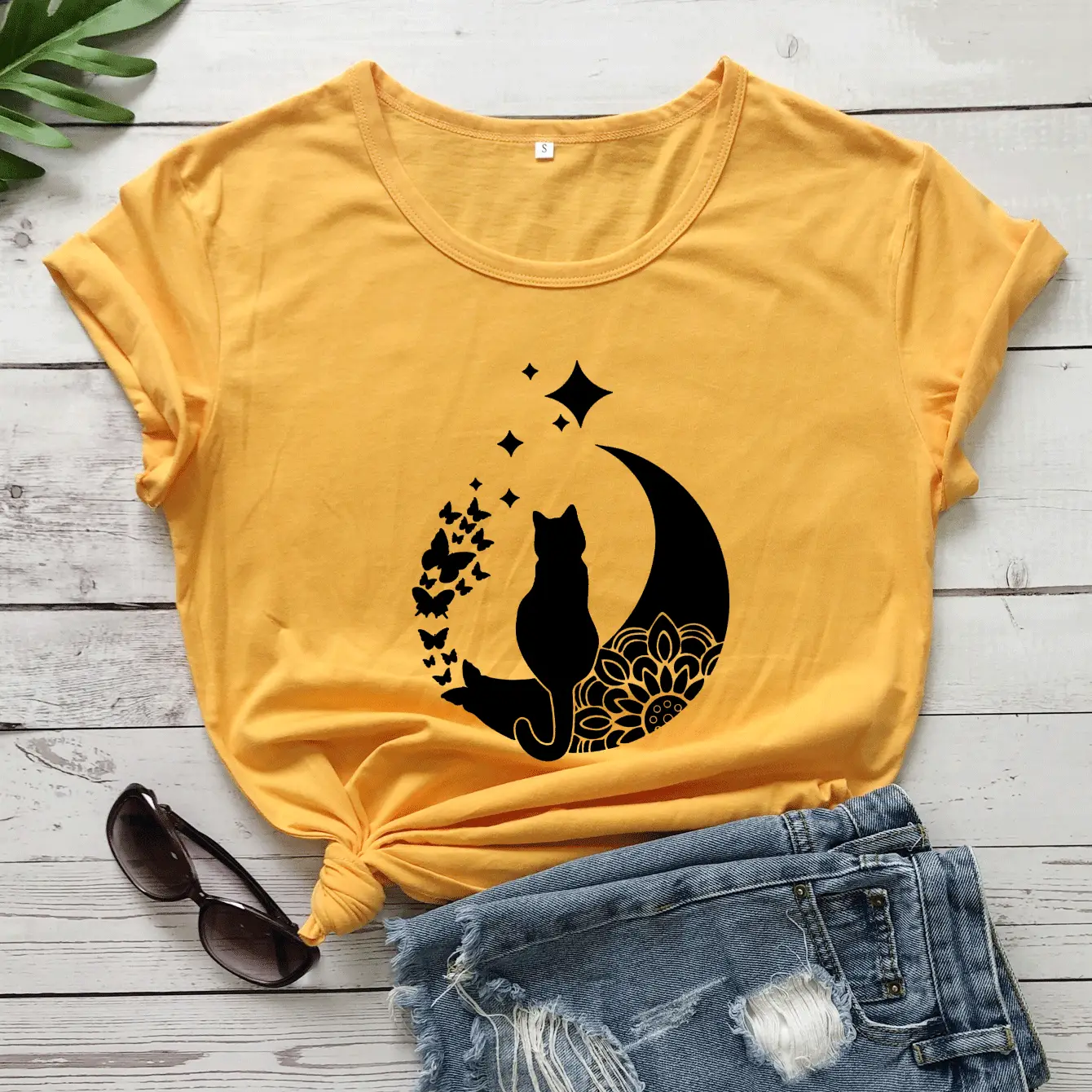 Yellow Cat Moon T-Shirt with Star Design - Image 5