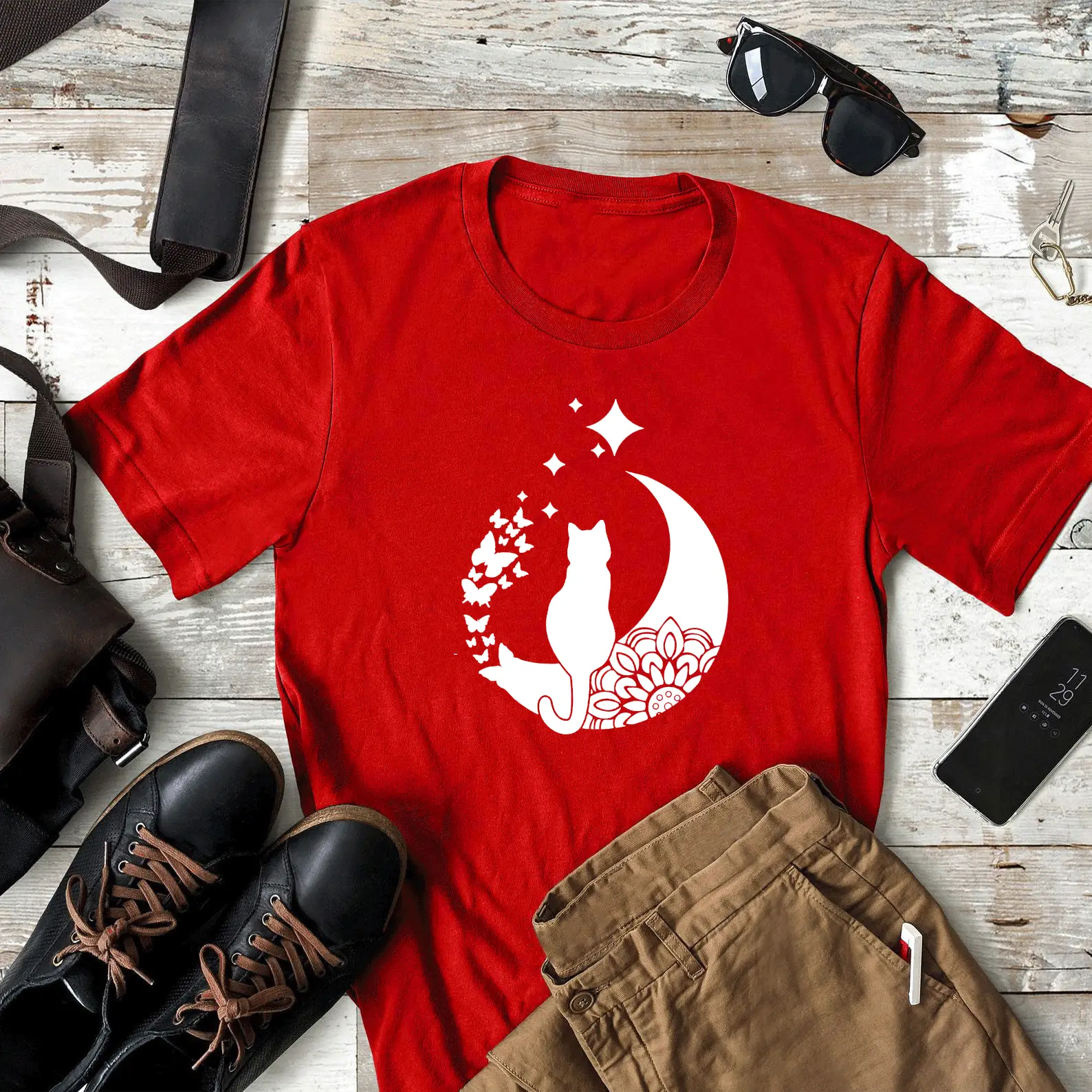 Yellow Cat Moon T-Shirt with Star Design - Image 6