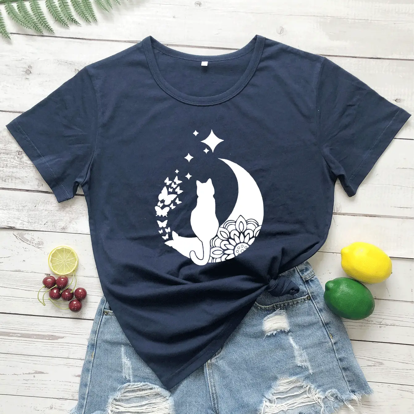 Yellow Cat Moon T-Shirt with Star Design - Image 8