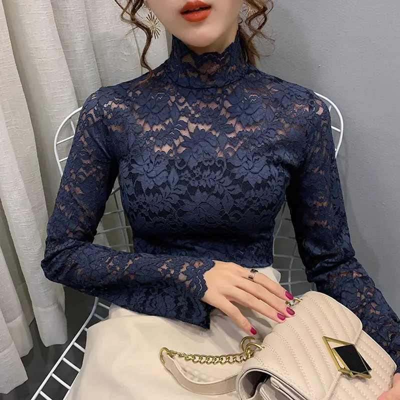 Lace High Collar Women's Shirt Blue Long Sleeve