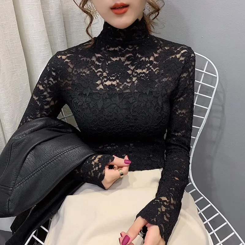 Lace High Collar Women's Shirt Blue Long Sleeve
