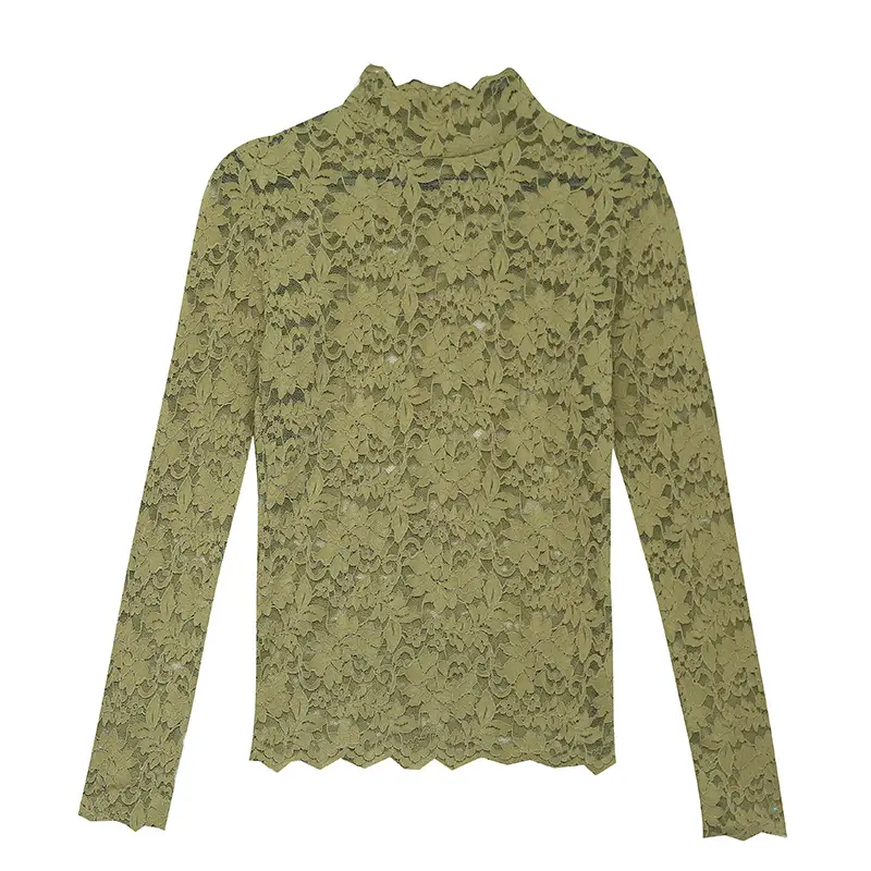 Lace High Collar Women's Shirt Blue Long Sleeve