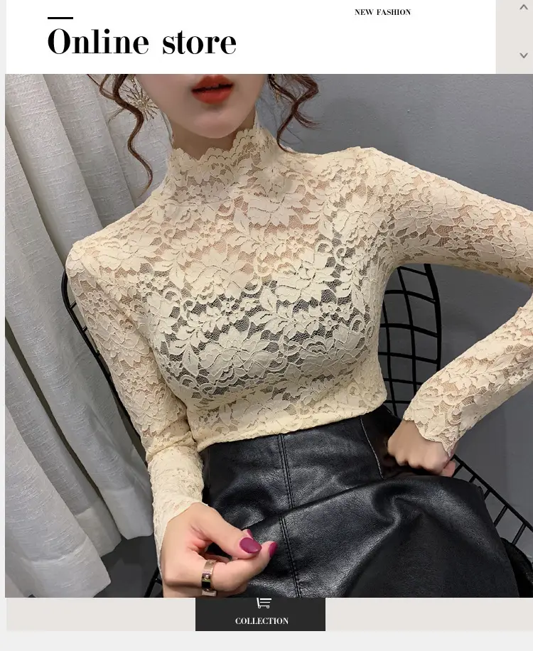 Lace High Collar Women's Shirt Blue Long Sleeve — feature 1