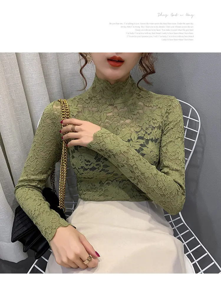 Lace High Collar Women's Shirt Blue Long Sleeve — feature 10