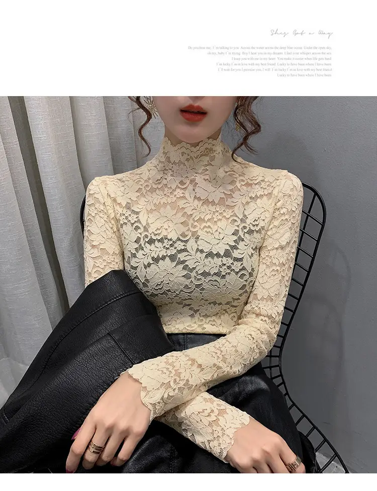 Lace High Collar Women's Shirt Blue Long Sleeve — feature 12